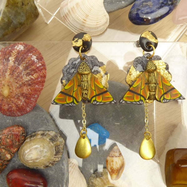 Celestial, Hawkshead Moth Earrings, Gold Black Granite Yellow Statement Earrings