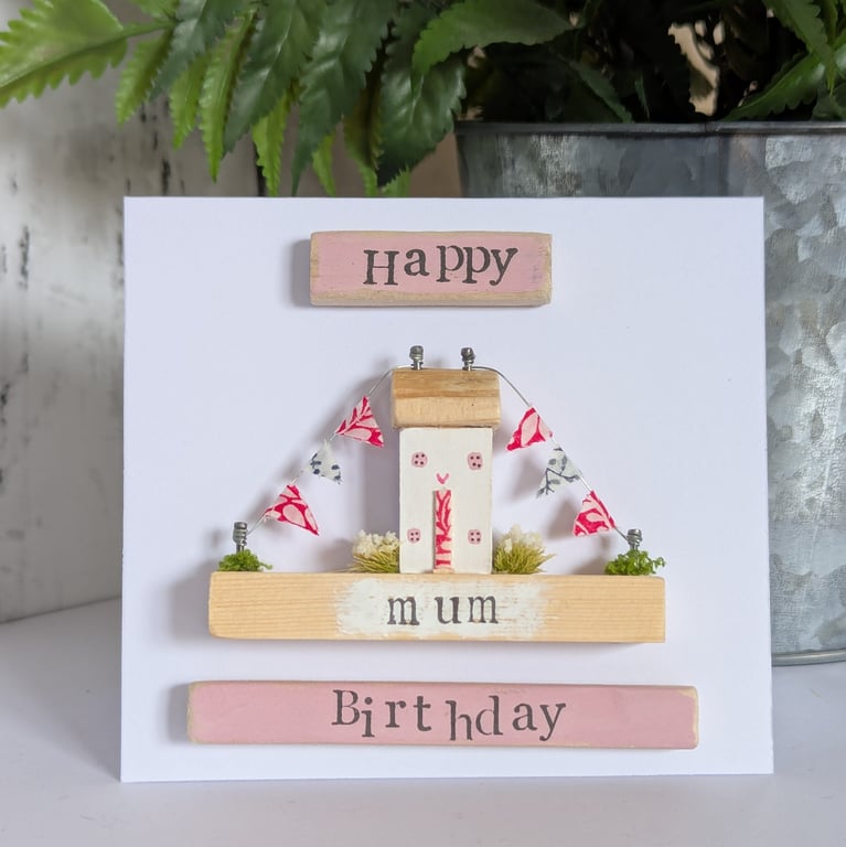 Happy Birthday Mum Card With Removable Wooden Cottage Gift
