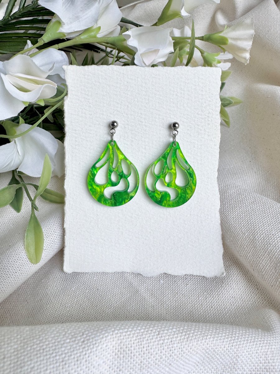 Green Marble Acrylic Teardrop Earrings