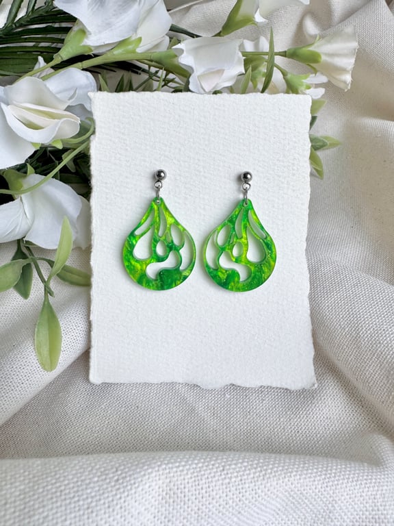 Green Marble Acrylic Teardrop Earrings