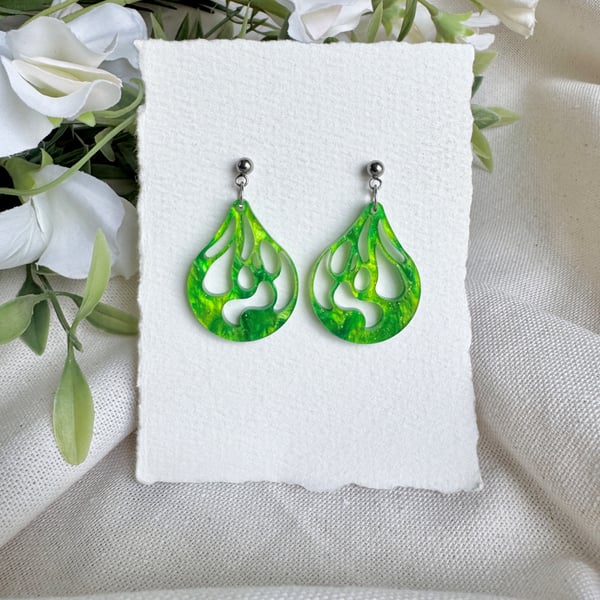 Green Marble Acrylic Teardrop Earrings