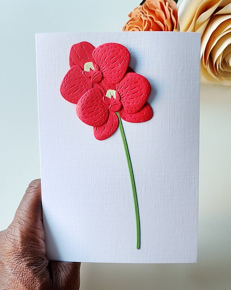 Red Orchids - Flower Shop Moments, Blank Handmade Floral Card 