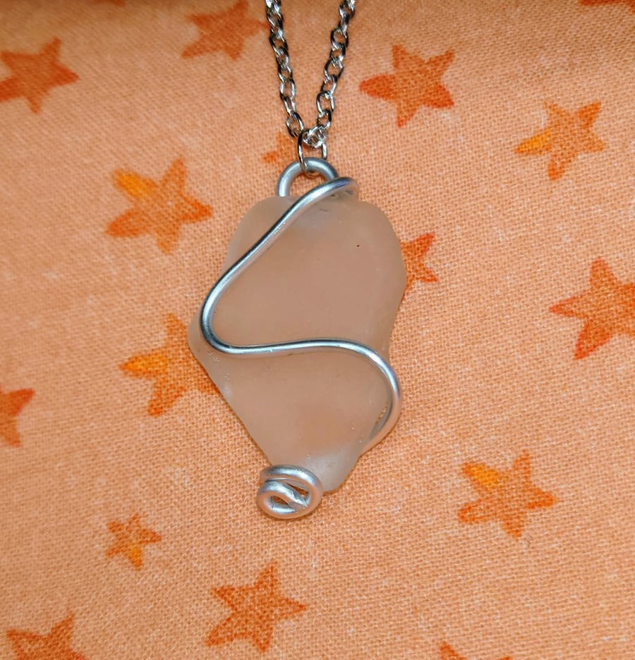 Seaglass Pendant Large - White & Silver