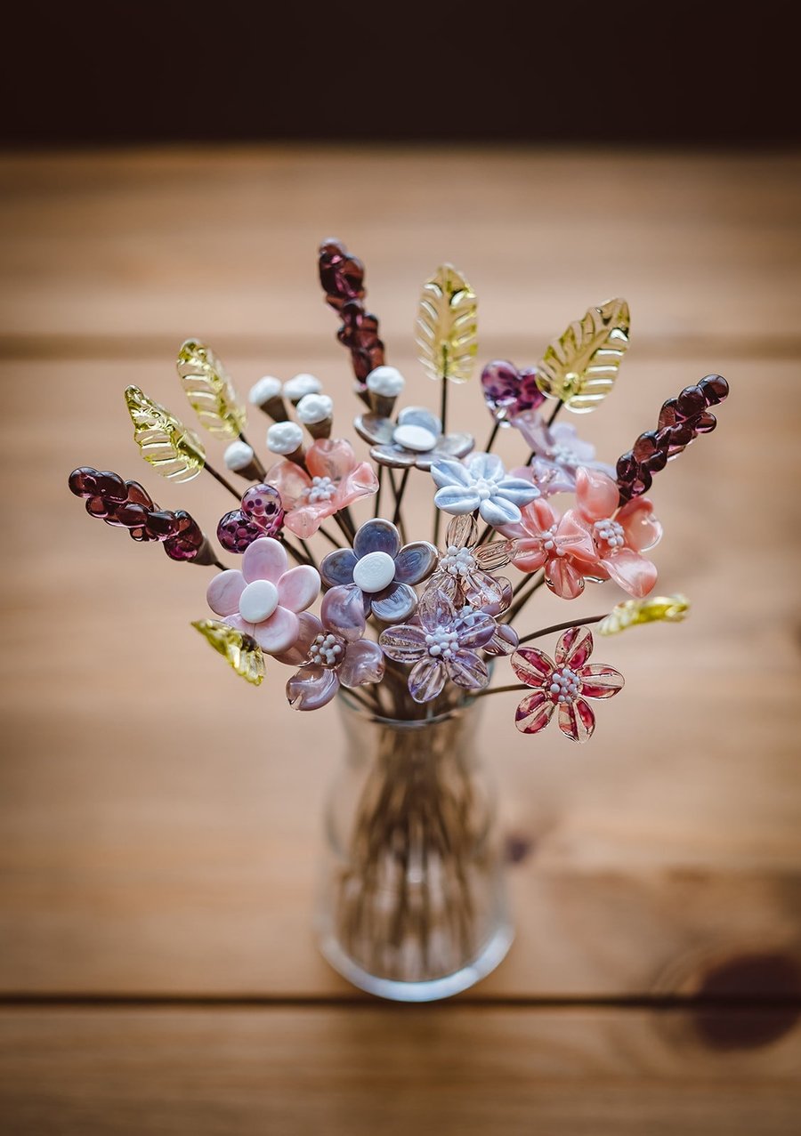 Lavender Love Glass Flower Bouquet - Glass Flower Stems - Handmade Glass Flowers