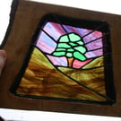 Dusk at Sycamore Gap stained glass framed in solid oak  suncatcher ornament 