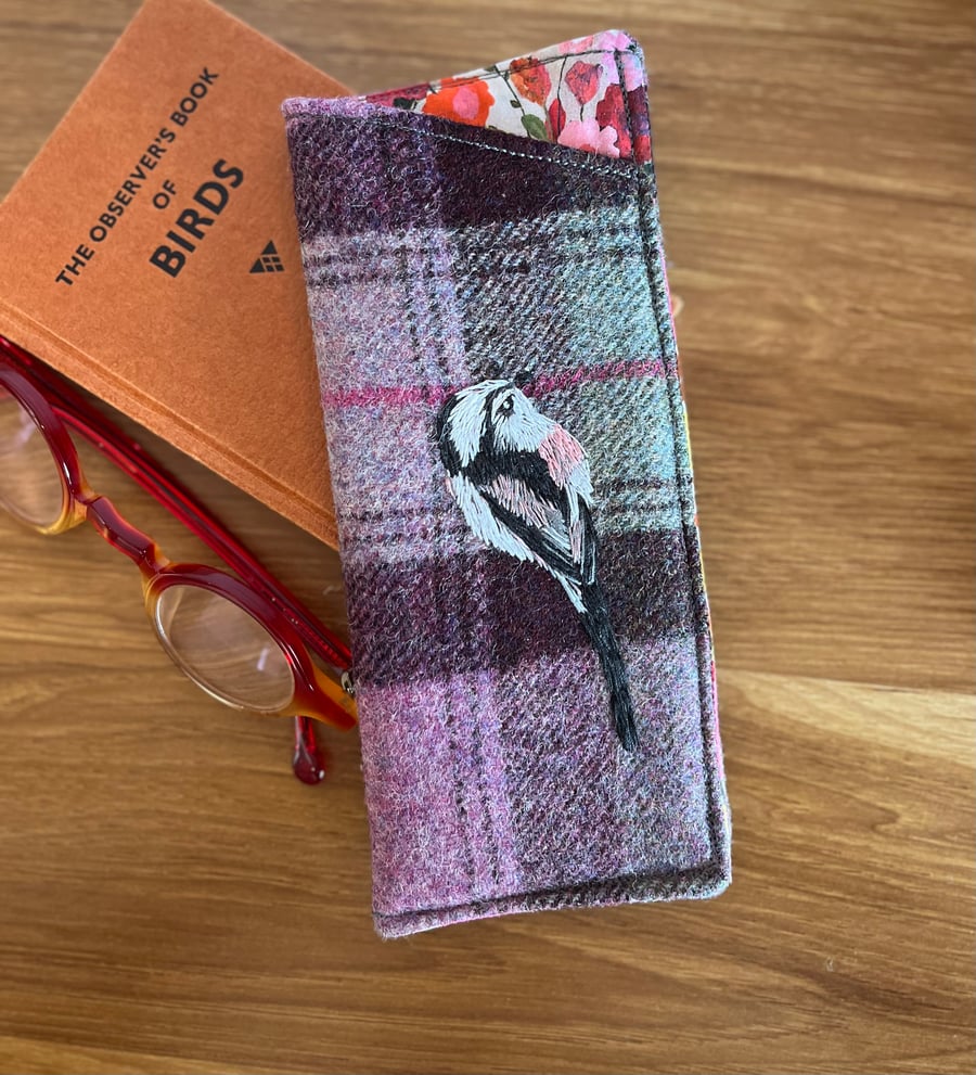 Wool glasses case with hand embroidered long tail tit