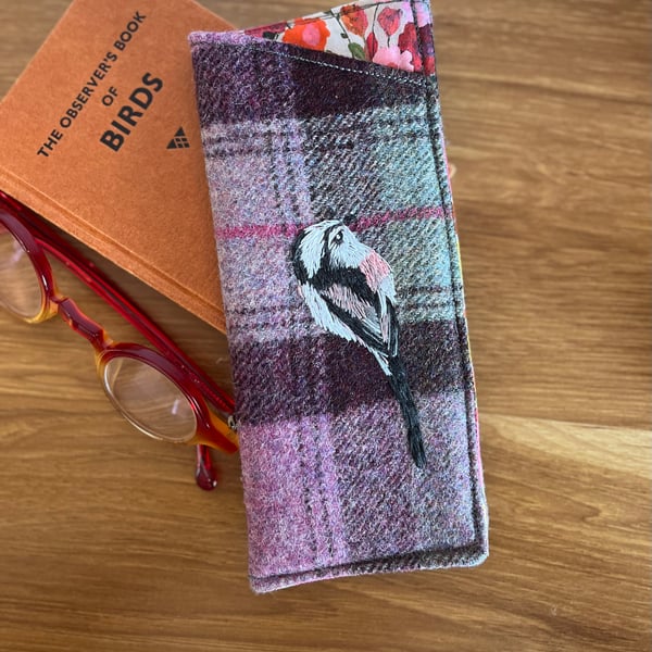 Wool glasses case with hand embroidered long tail tit