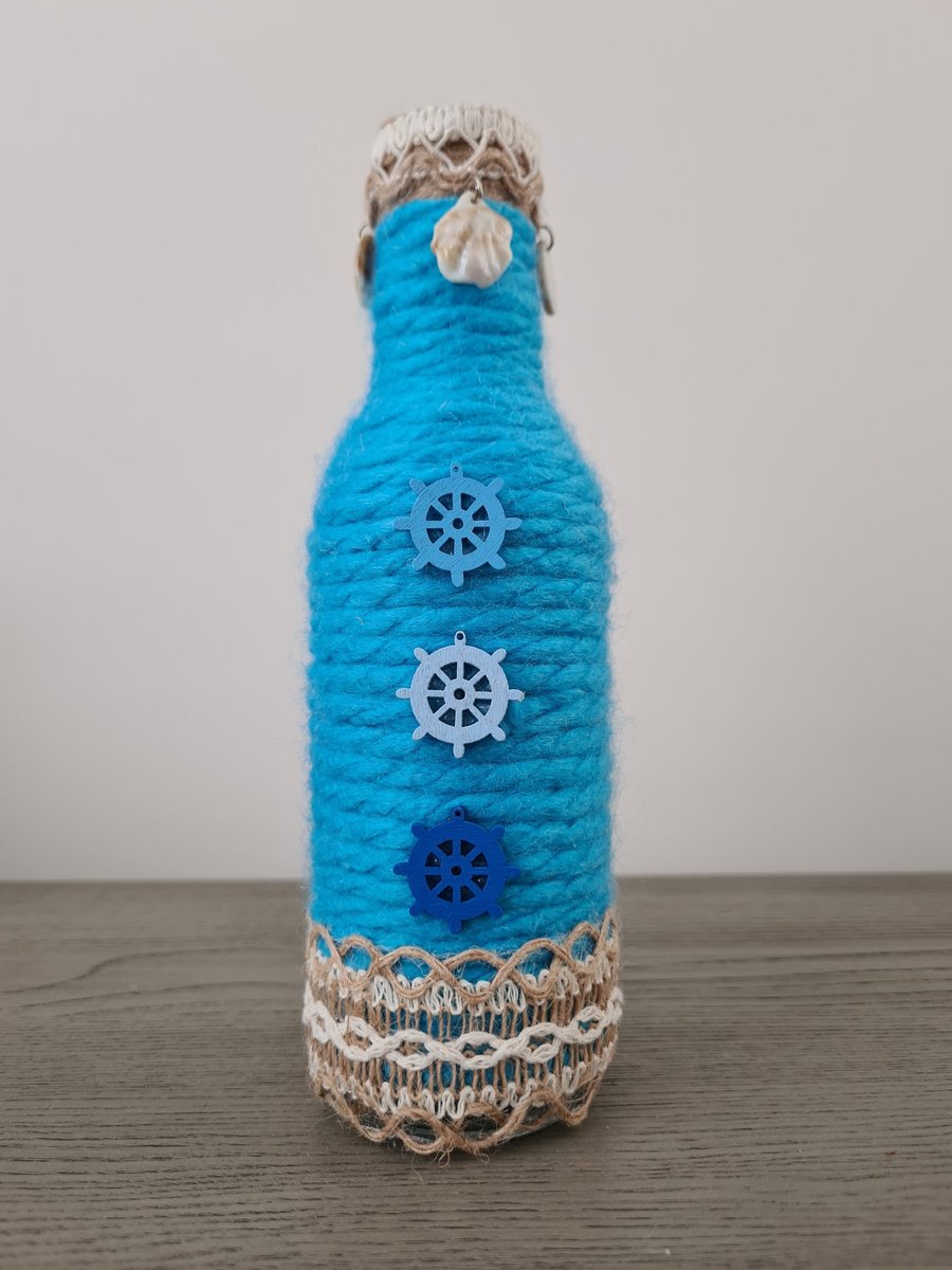 Handmade Nautical Blue Yarn Wrapped Bottle - Coastal Home Decor