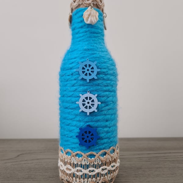 Handmade Nautical Blue Yarn Wrapped Bottle - Coastal Home Decor