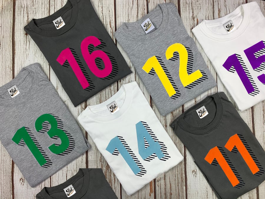 Teenagers Number T-Shirts. Personalise Kids' Birthday shirt. Children's Shirts