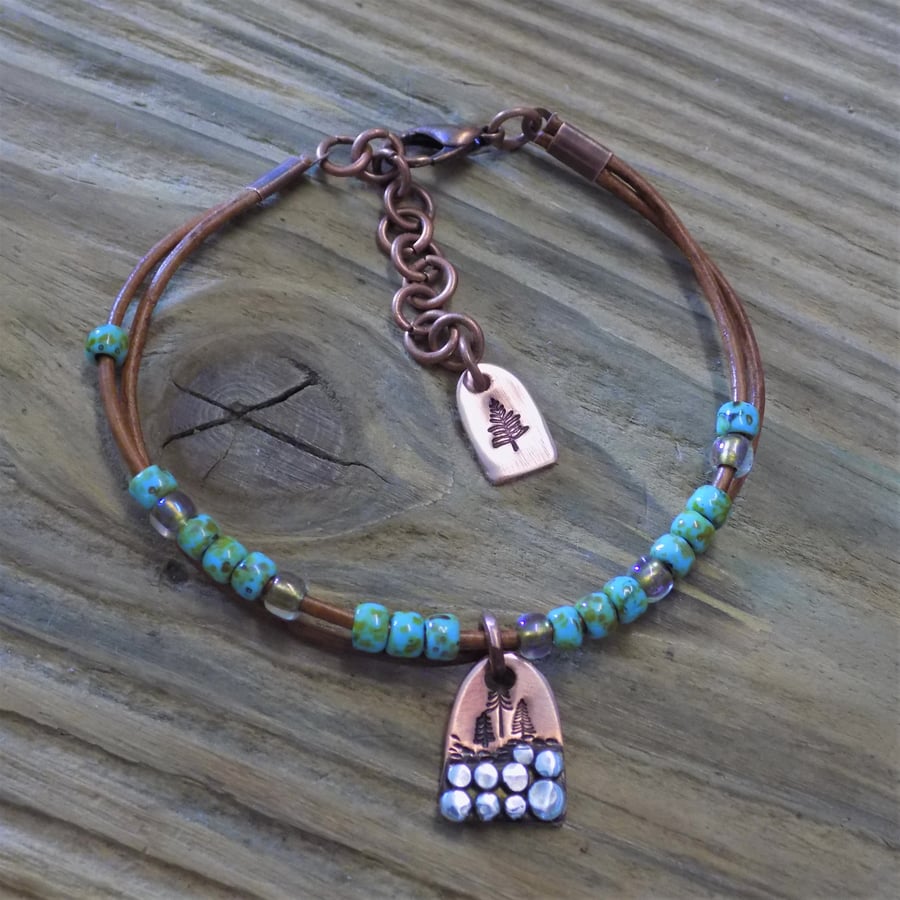 Copper and silver 'treeline' beaded leather bracelet (alpine 1)