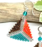 Orange, Bronze and Teal Beaded Triangle Earrings - Image 2