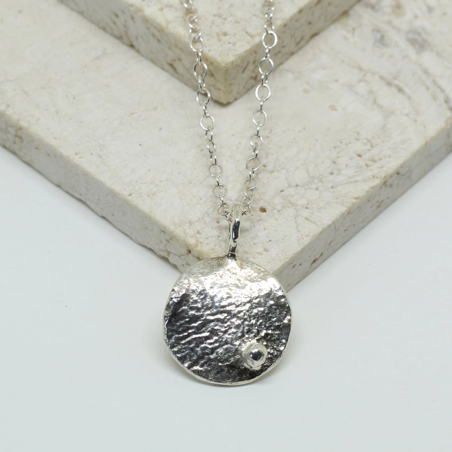 Reticulated Silver Disc Pendant with Polished Silver Drop