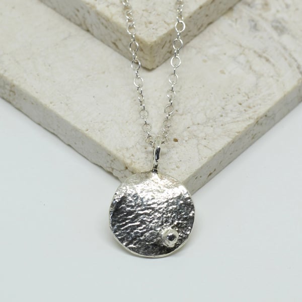 Reticulated Silver Disc Pendant with Polished Silver Drop