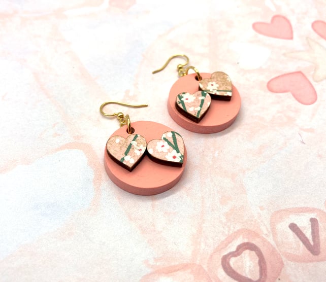 Pale pink heart Japanese washi paper blossom wooden dangle earrings floral