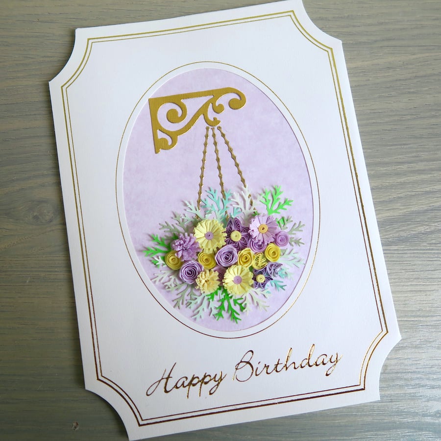 Handmade birthday card with quilled flowers hanging basket in lilac and lemon