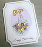 Handmade birthday card with quilled flowers hanging basket in lilac and lemon - Image 1