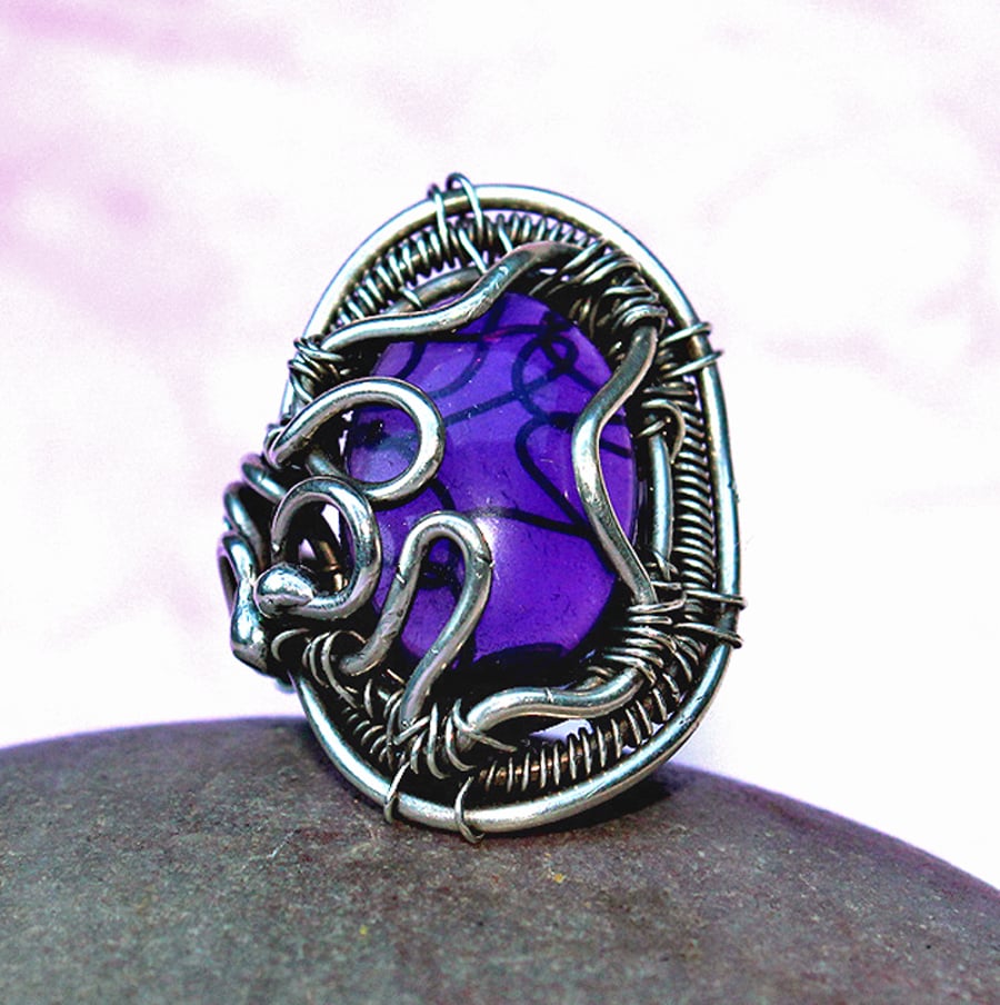 Silver Ring - Amethyst Ring - Handmade Woven Silver Ring -Gothic Style