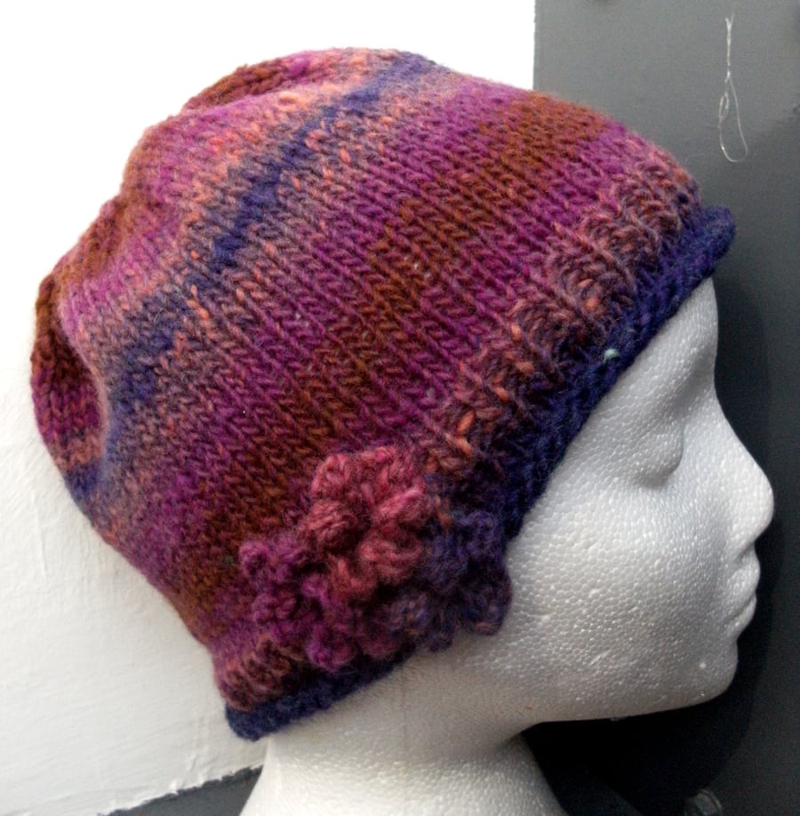 Handknit Noro 3-flowered Roll up Beanie Hat 100% wool Pink, Purple,Teracotta MED