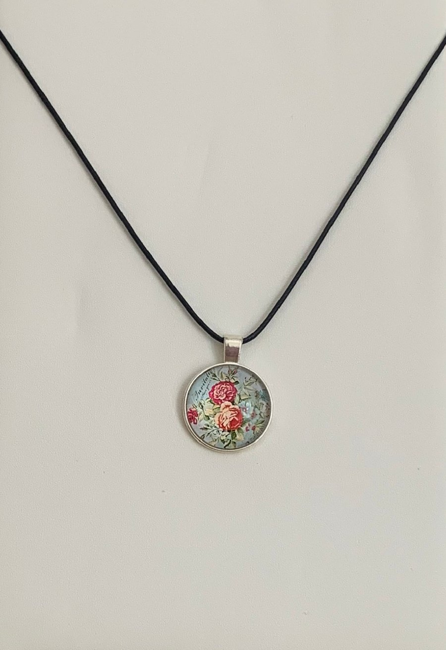 Shabby Chic Floral Glass Pendant Necklace. Design 9
