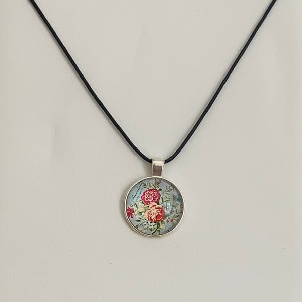 Shabby Chic Floral Glass Pendant Necklace. Design 9