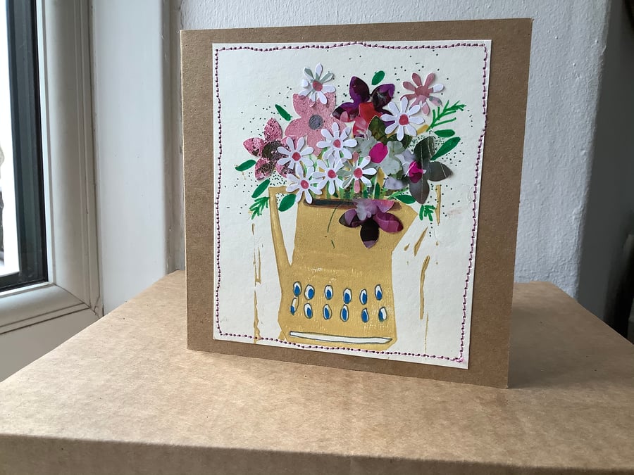 Original hand printed and collaged card with spring flowers in a jug. Blank .