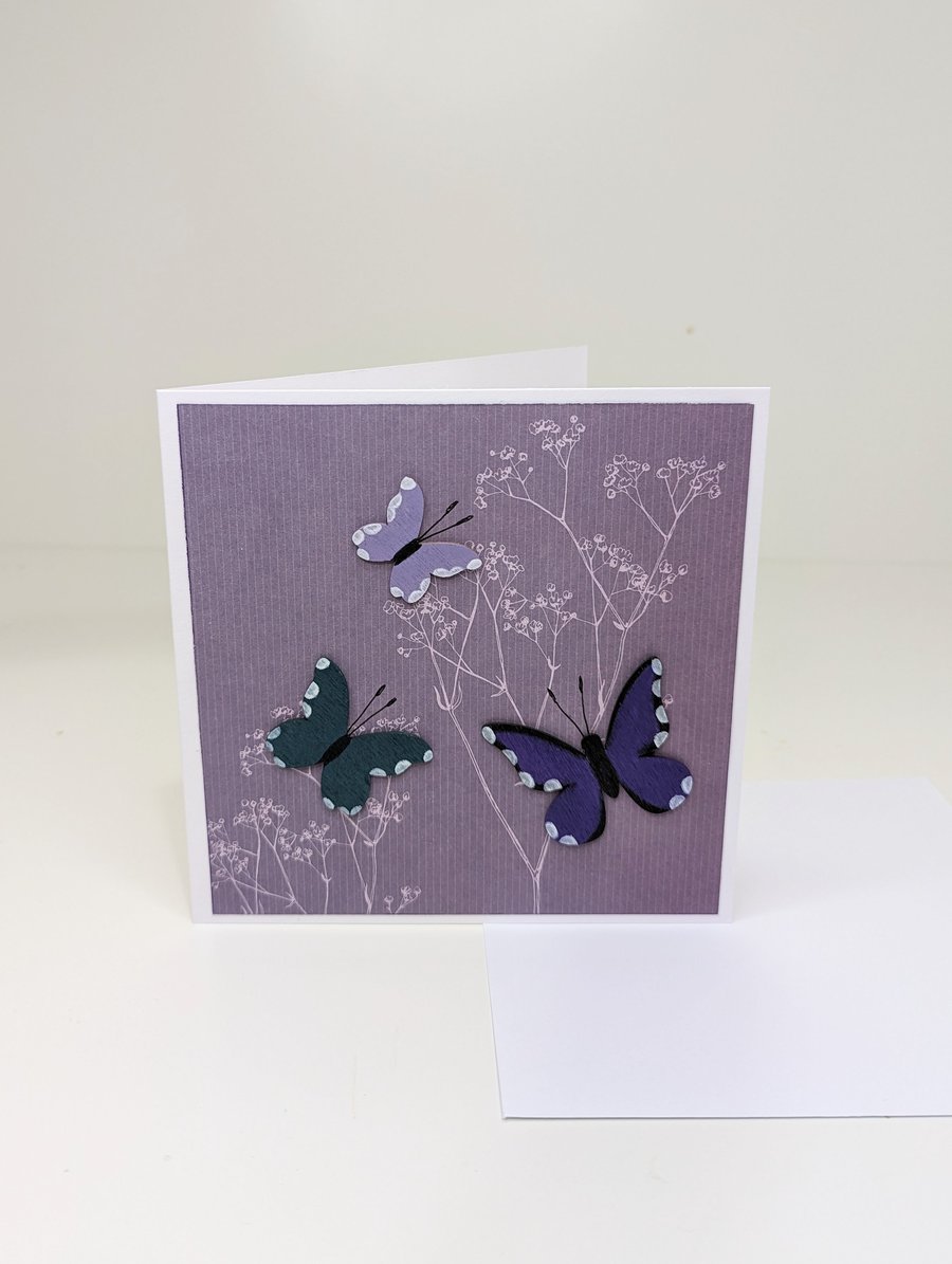 Butterflies handmade card with wooden butterfly embellishments, blank inside 