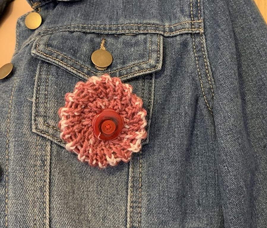 Knitted Button Badge Brooch Pink Red White Handmade Pin Repurposed Jewellery