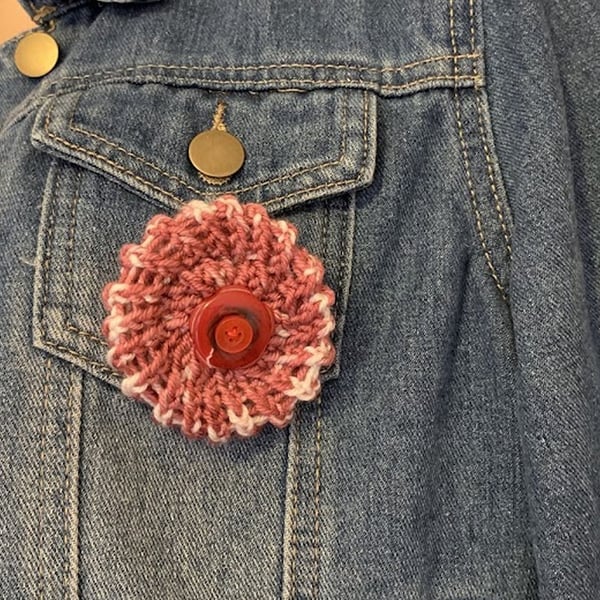 Knitted Button Badge Brooch Pink Red White Handmade Pin Repurposed Jewellery