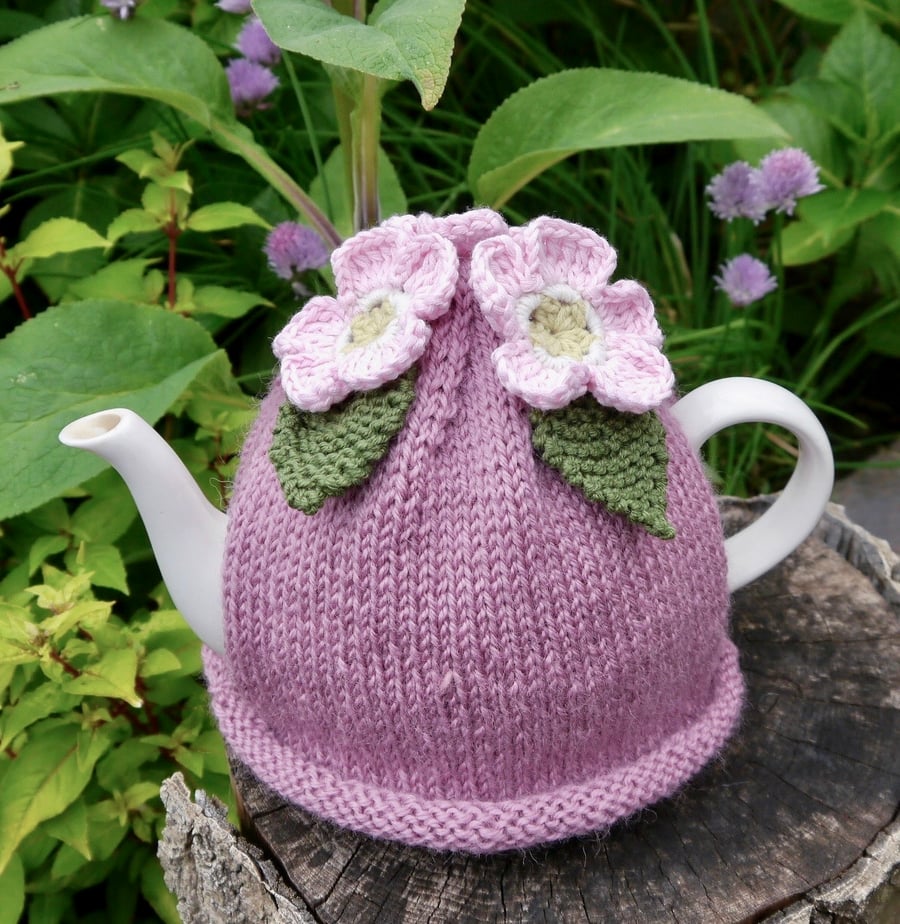 Hand Knitted Pink Blossom Tea Cosy with Green Leaves