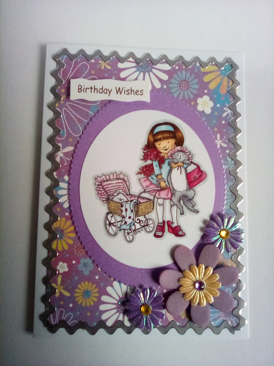 Girl and cat papercraft handmade Birthday card