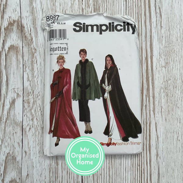 Simplicity 8987 Begotten sewing pattern, sizes XS-S-M, misses cape, retro patter