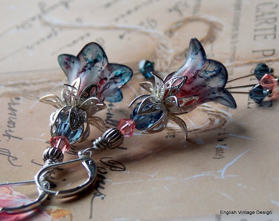 Blue and Peach "Montana Peach", Hand Painted Lucite Flower Earrings