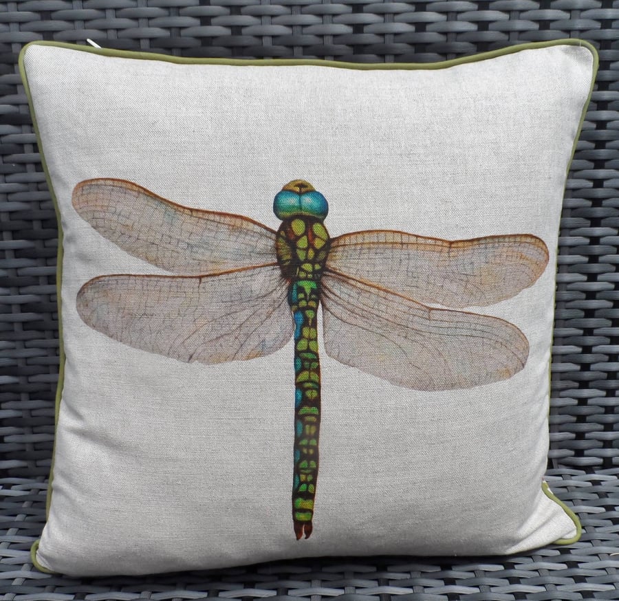 Dragonfly cushion pillow. A richly coloured dragonfly pillow in a linen fabric.