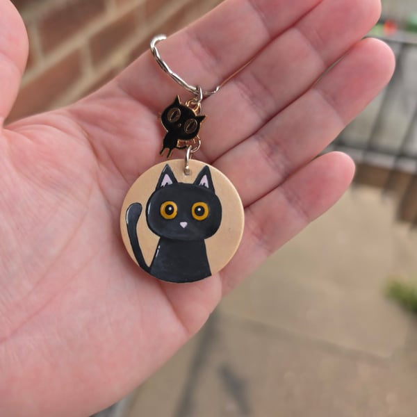 Hand-Painted Black Cat Wooden Keyring