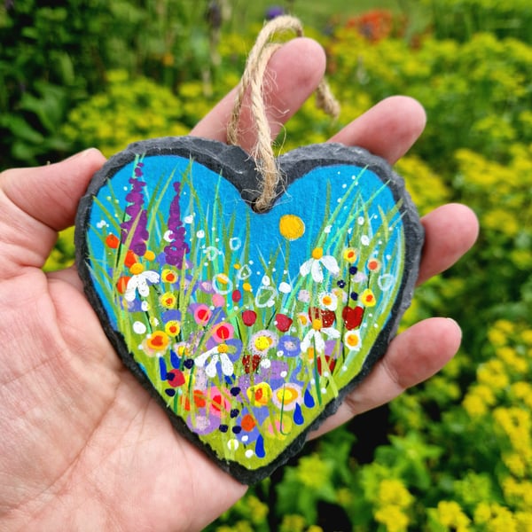 Floral Hand-painted Slate Heart hanger by Jackie Reynolds