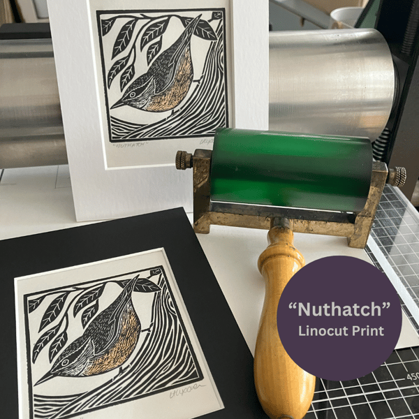 Linocut Print - "Nuthatch" - Bird Print - Nature Print