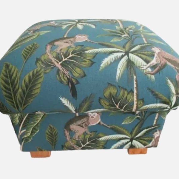 Storage Footstool Fryetts MonkeysTeal Fabric Animals Pouffe Jungle Apes Green