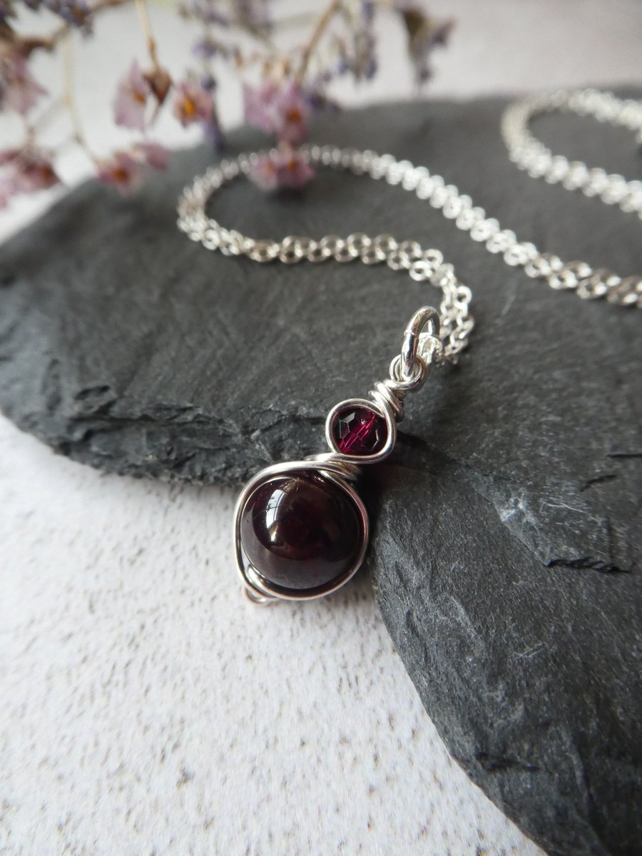 Garnet pendant in sterling silver, silver January birthstone necklace