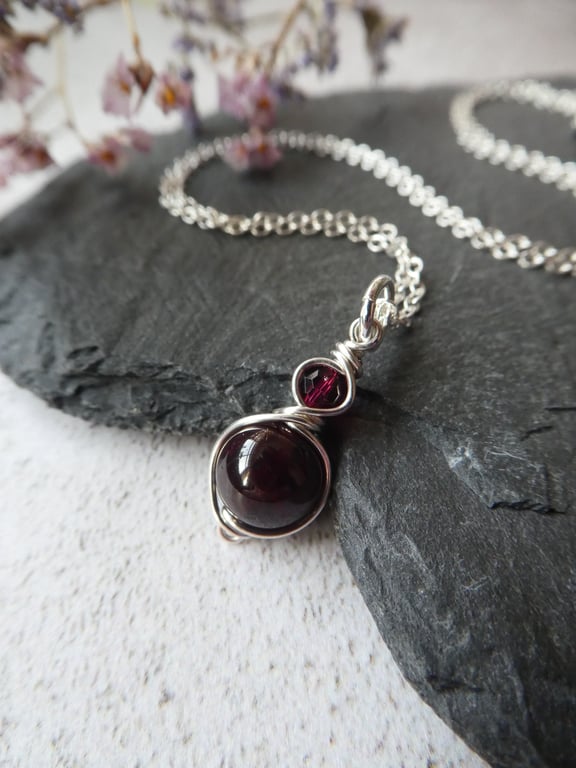 Garnet pendant in sterling silver, silver January birthstone necklace