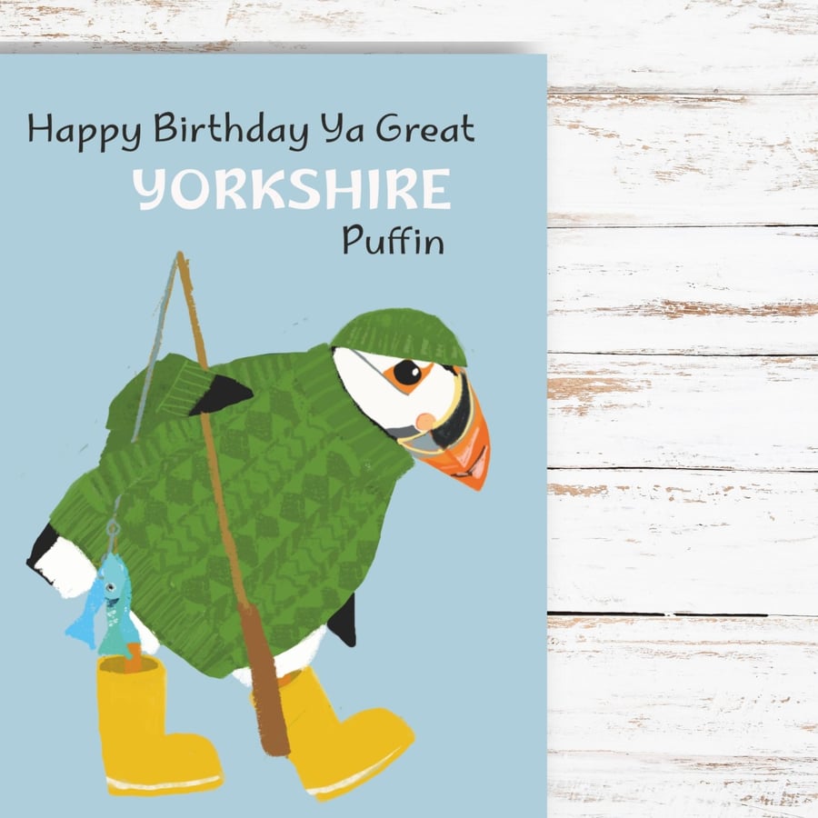 Greeting card male relative friend- cute puffin card illustration