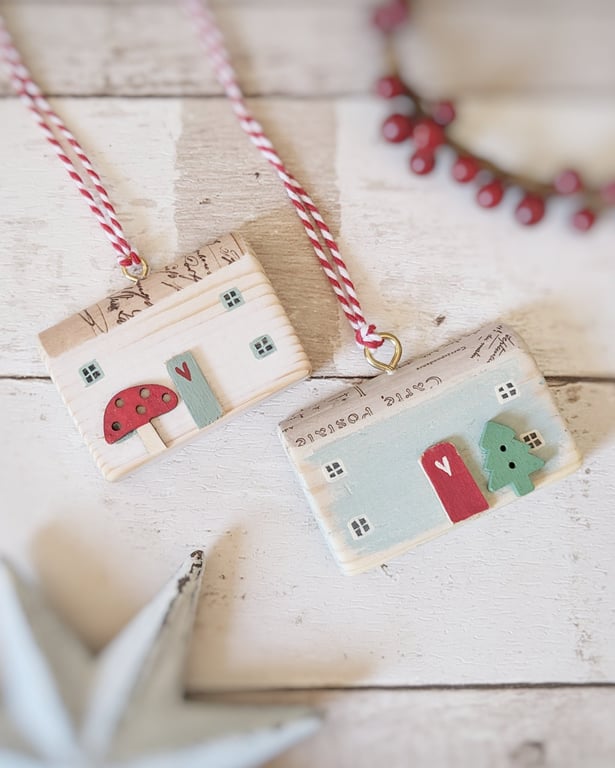 Set of 2 Wooden Festive House Hanging Decorations