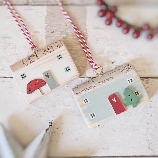 Set of 2 Wooden Festive House Hanging Decorations