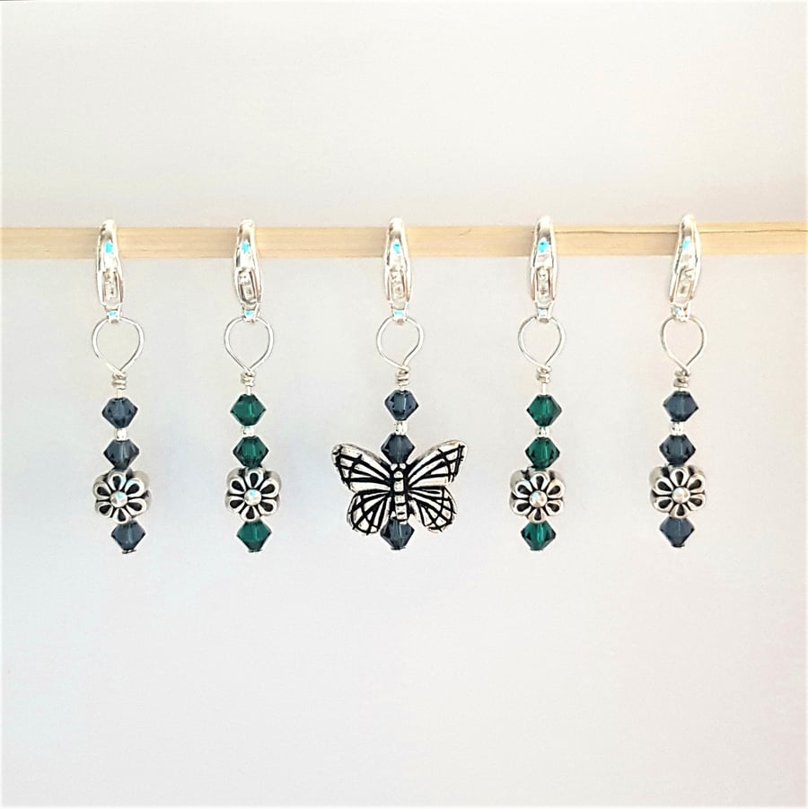 Crochet Stitch Markers (Cornflower Blue & Emerald, Butterfly & Flowers)