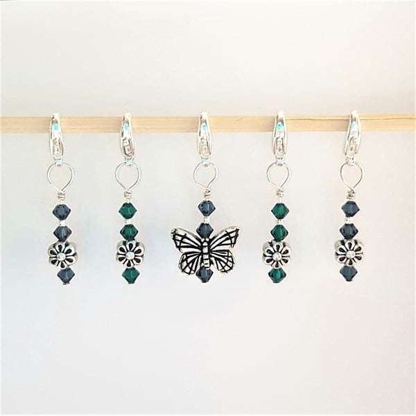 Crochet Stitch Markers (Cornflower Blue & Emerald, Butterfly & Flowers)