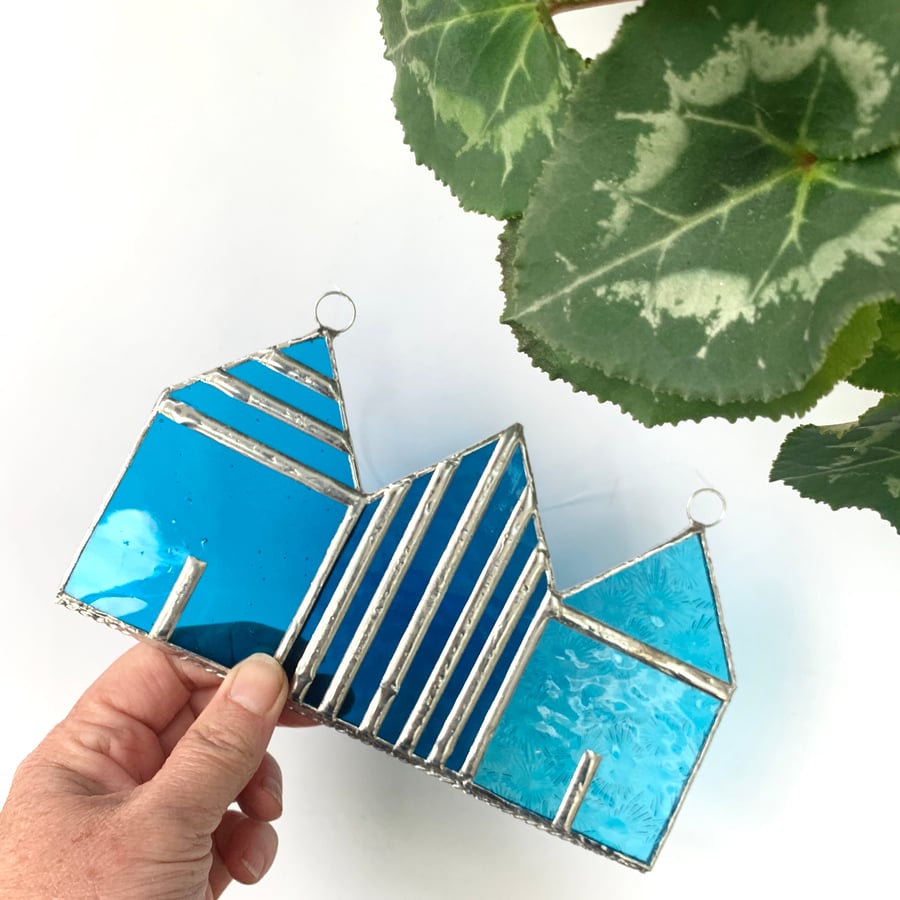 Stained Glass Suncatcher Beach Huts - Handmade Decoration - Turquoise 