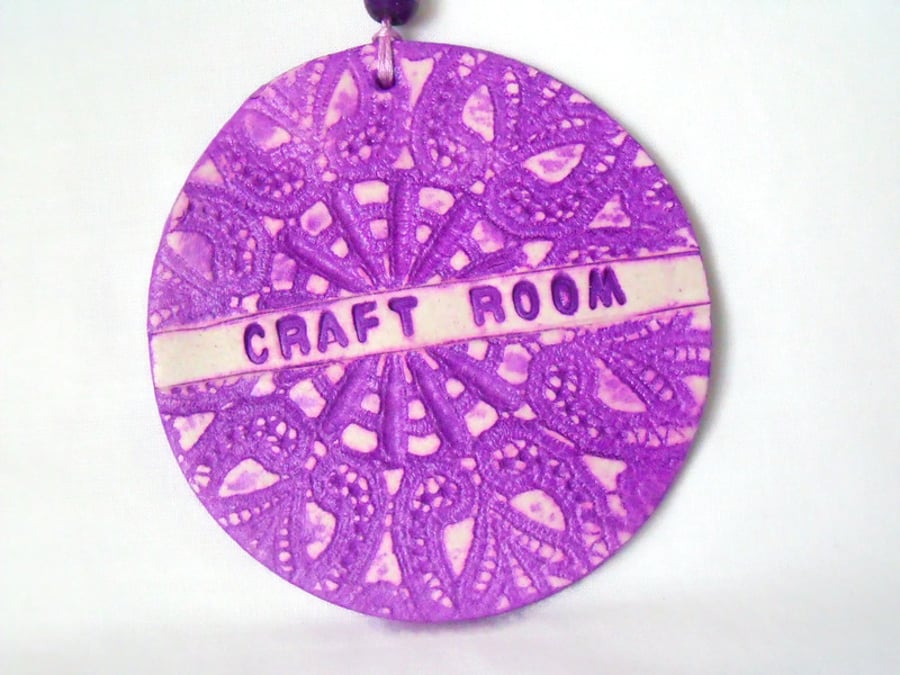 clay craft room sign in purple for hanging from your wall or door