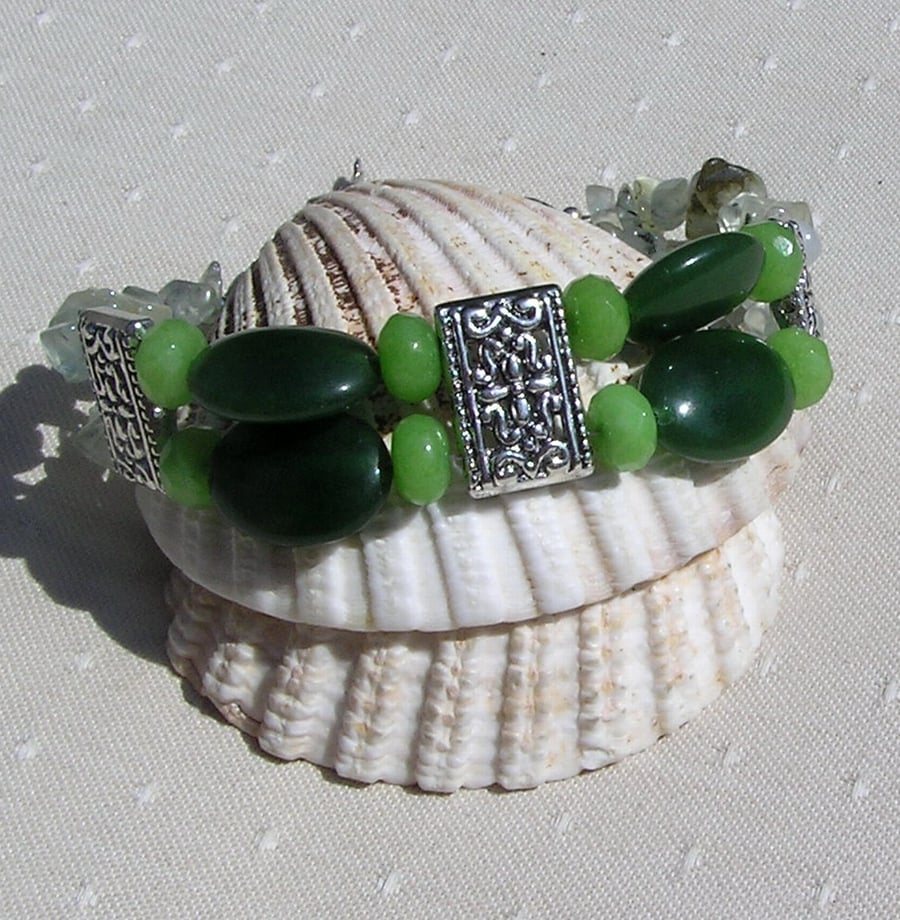 Nephrite Jade, Peridot & Green Prehnite Crystal Gemstone Bracelet "Serene Glory"