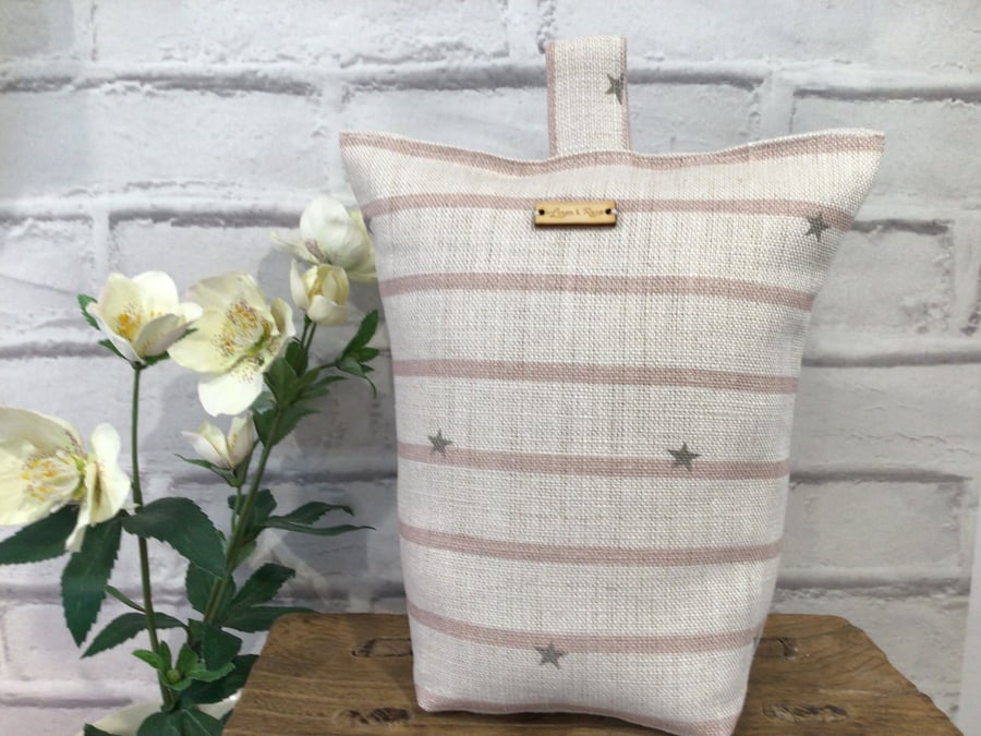 Doorstop in gorgeous Peony and Sage Mulberry Pink and grey stripe linen weighted