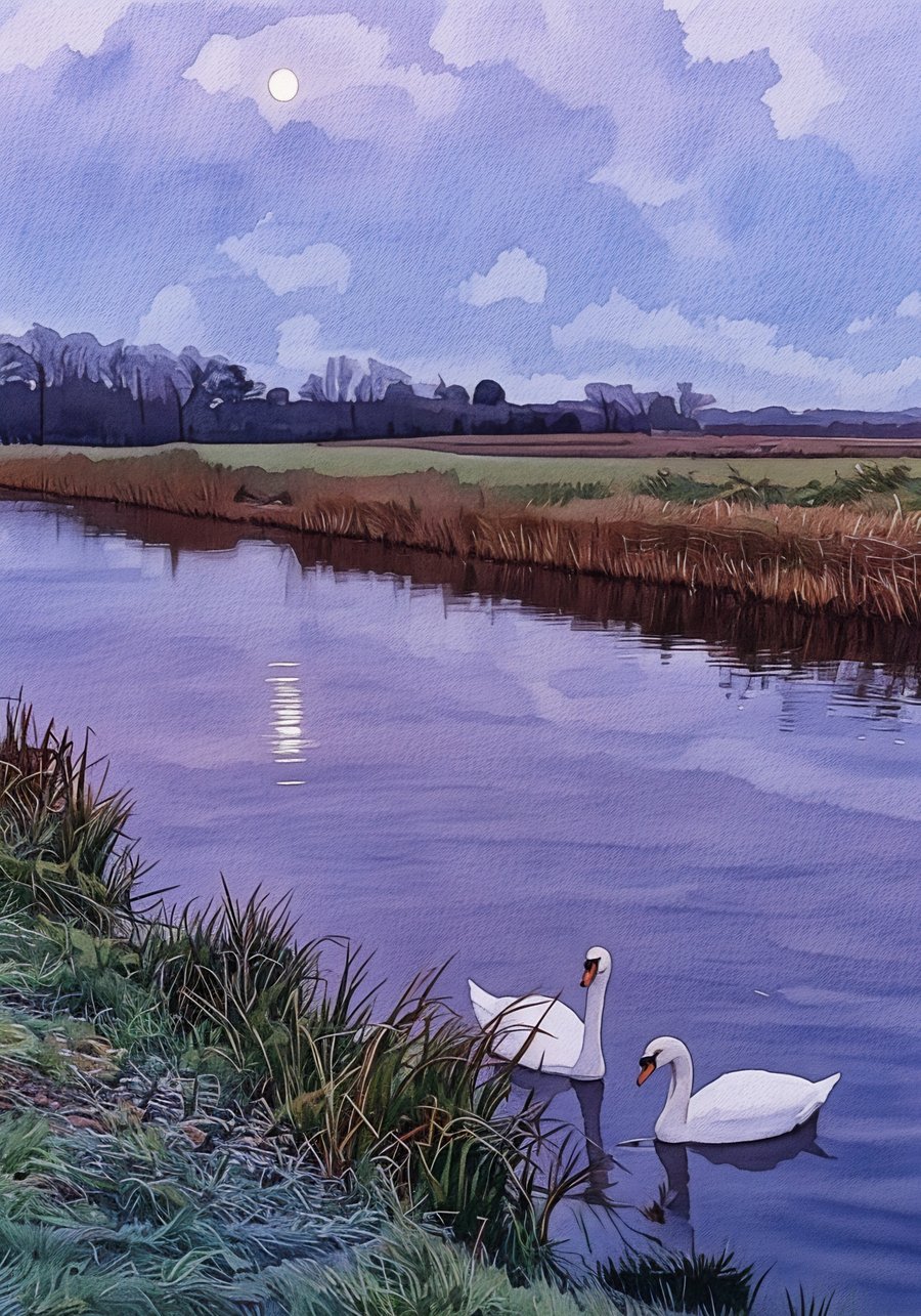 Swans In Moon Light Norfolk Nordelph Greeting Card A5